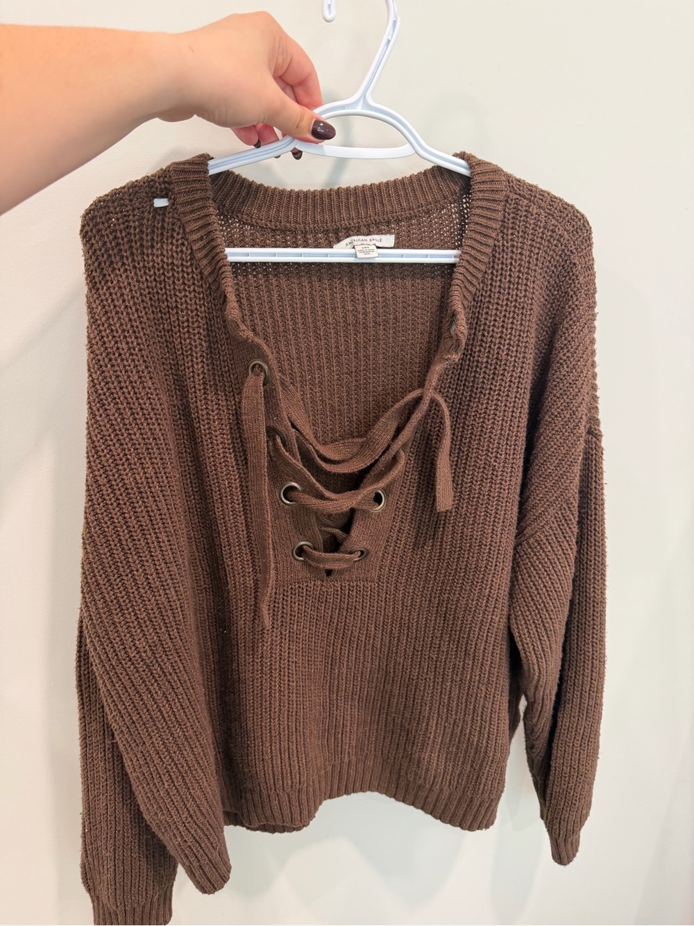 American Eagle Outfitters Brown Lace-Up V-Neck Sweater
